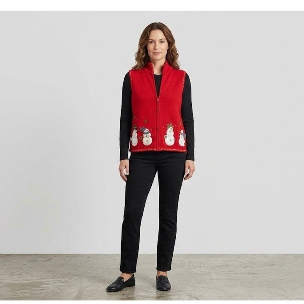 Christopher & Banks Sweater Vest Womens Medium Red Snowman Christmas Full Zip